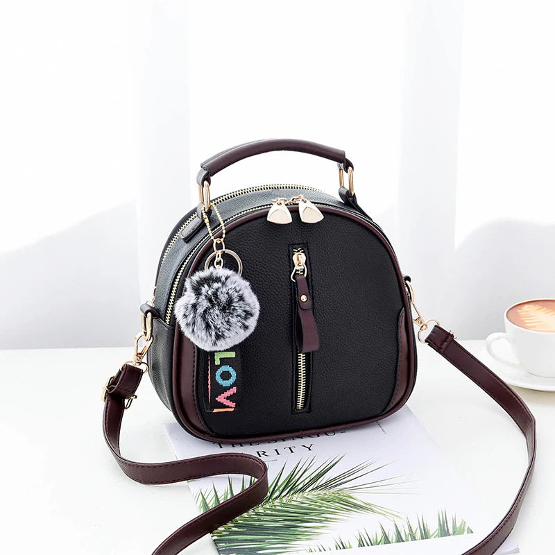 Luxury PU Leather Women's Small Tote Bag, Fashionable Fur Ball Pendant, Design Feel Crossbody Bag
