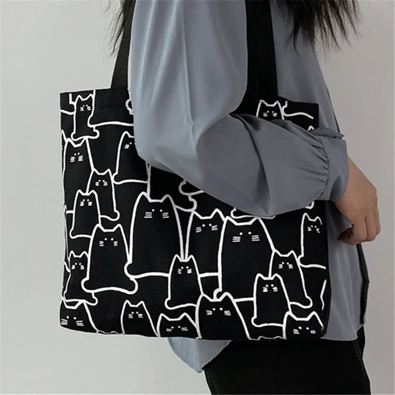 Canvas Handbag For Women 2023 Fashion Cute Cat Tote Messenger Bags With Zipper Designer Bag Ladies Cartoon Shoulder Shopper Bags
