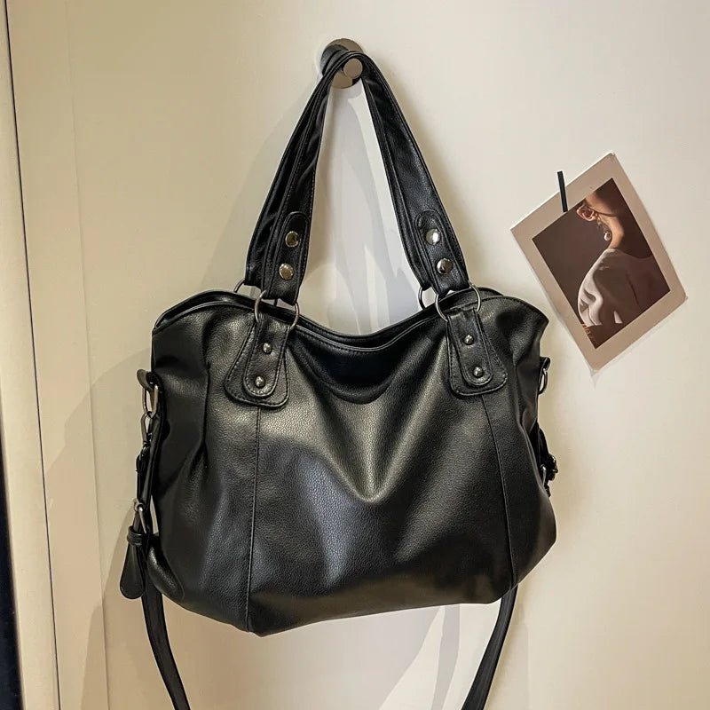 Large Capacity Black Shoulder Bags For Women Large Shopper Bag Solid Color Soft Leather Crossbody Handbag Lady Travel Tote Bag