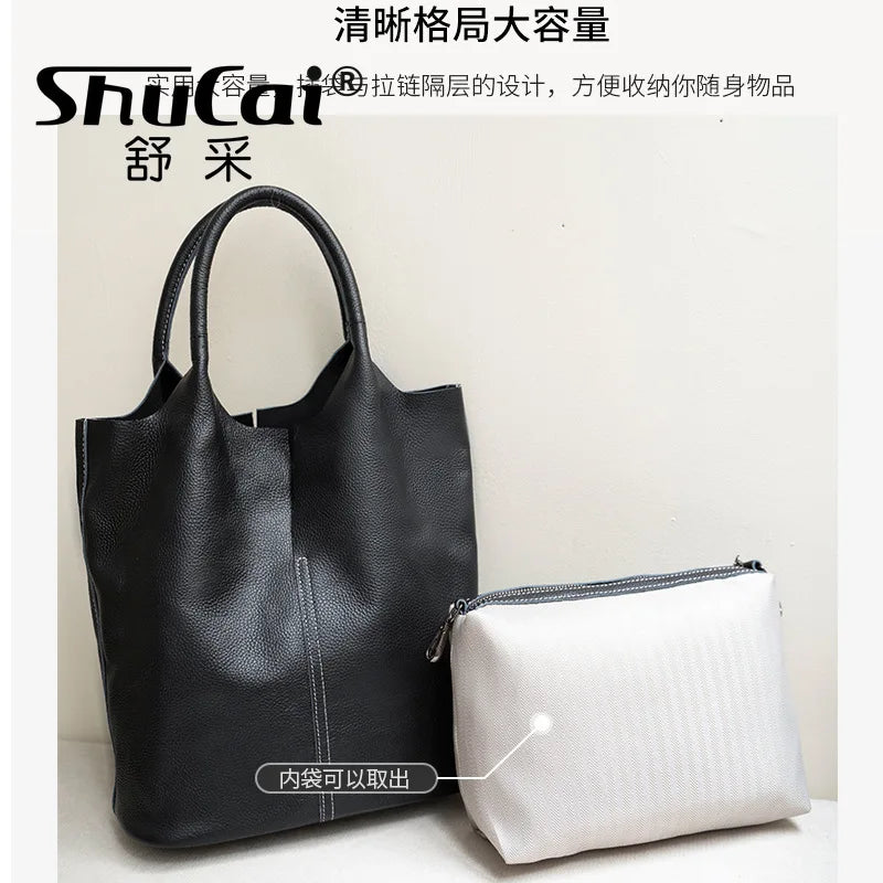 Genuine Grade Leather Women Commuter Tote Bag Ladies Soft Cowhide Tote Shoulder Handbag Large Female Bucket Bag Luxury Designer