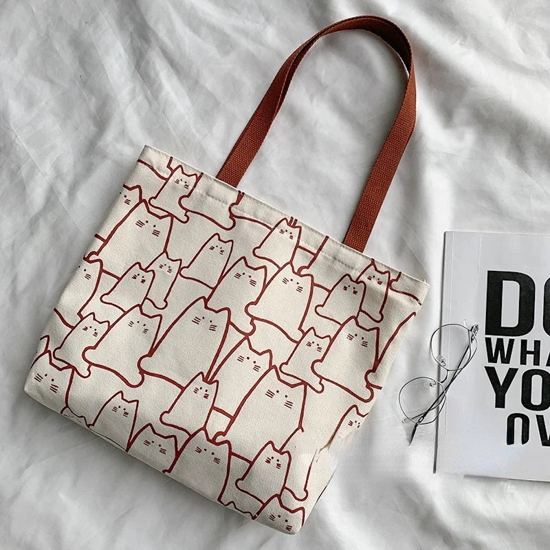 Canvas Handbag For Women 2023 Fashion Cute Cat Tote Messenger Bags With Zipper Designer Bag Ladies Cartoon Shoulder Shopper Bags