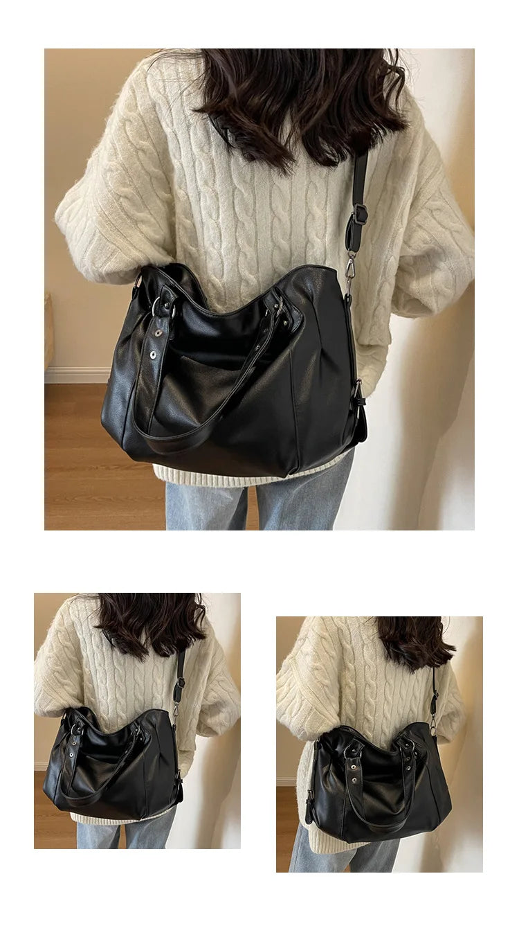 Large Capacity Black Shoulder Bags For Women Large Shopper Bag Solid Color Soft Leather Crossbody Handbag Lady Travel Tote Bag