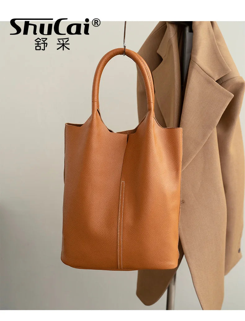 Genuine Grade Leather Women Commuter Tote Bag Ladies Soft Cowhide Tote Shoulder Handbag Large Female Bucket Bag Luxury Designer