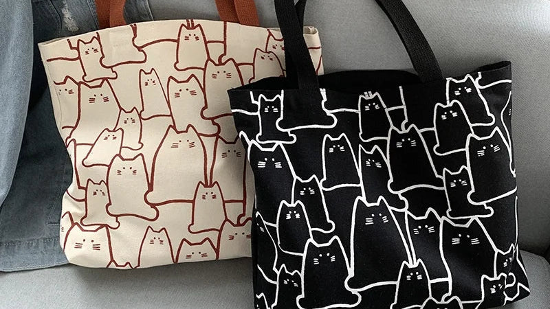 Canvas Handbag For Women 2023 Fashion Cute Cat Tote Messenger Bags With Zipper Designer Bag Ladies Cartoon Shoulder Shopper Bags