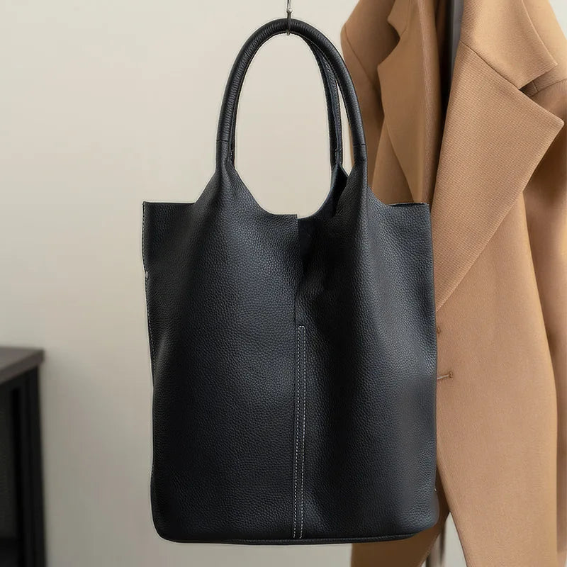 Genuine Grade Leather Women Commuter Tote Bag Ladies Soft Cowhide Tote Shoulder Handbag Large Female Bucket Bag Luxury Designer