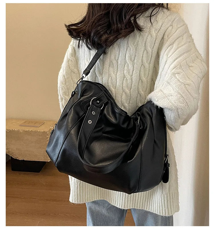 Large Capacity Black Shoulder Bags For Women Large Shopper Bag Solid Color Soft Leather Crossbody Handbag Lady Travel Tote Bag