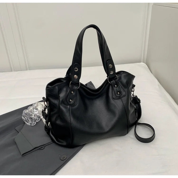 Large Capacity Black Shoulder Bags For Women Large Shopper Bag Solid Color Soft Leather Crossbody Handbag Lady Travel Tote Bag