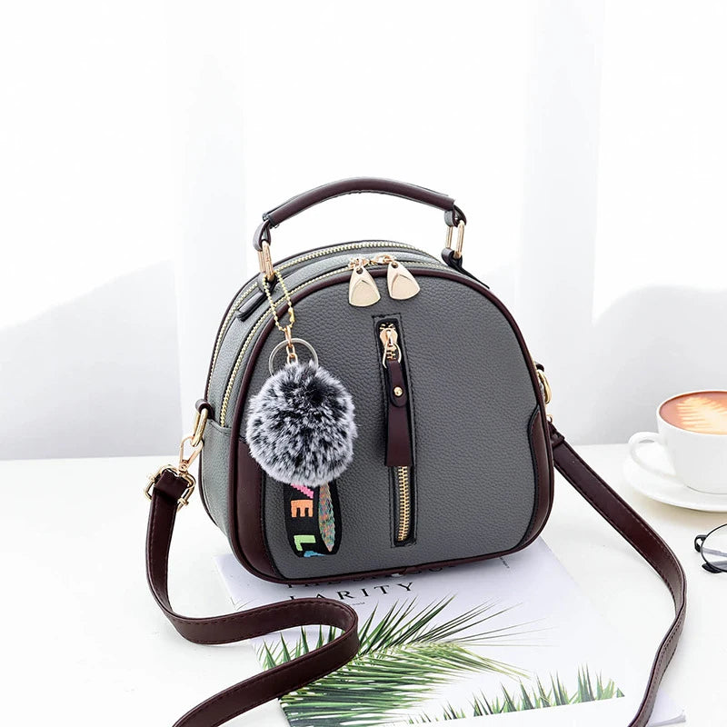 Luxury PU Leather Women's Small Tote Bag, Fashionable Fur Ball Pendant, Design Feel Crossbody Bag