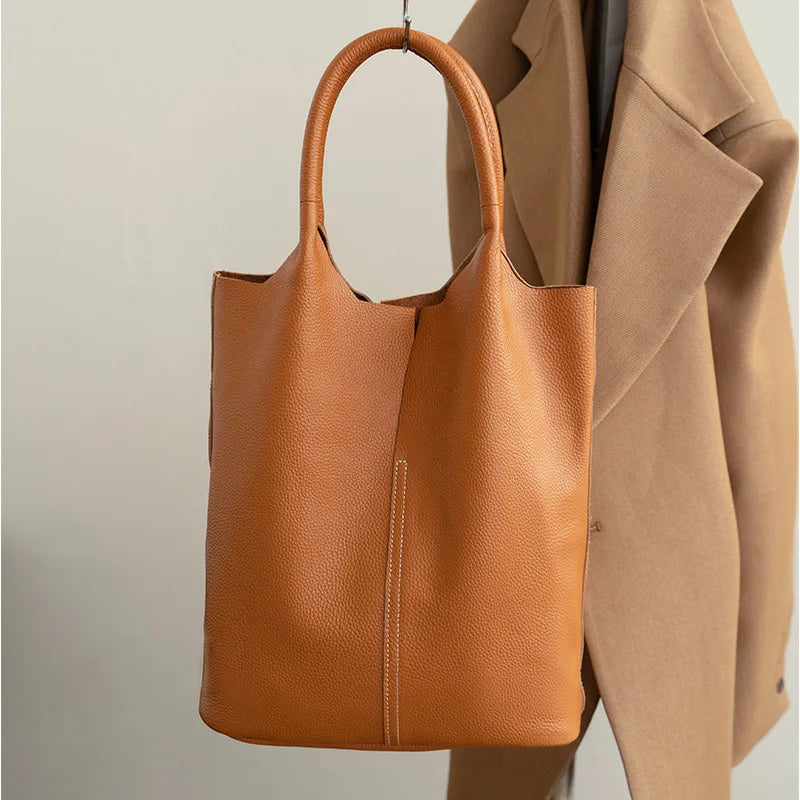 Genuine Grade Leather Women Commuter Tote Bag Ladies Soft Cowhide Tote Shoulder Handbag Large Female Bucket Bag Luxury Designer